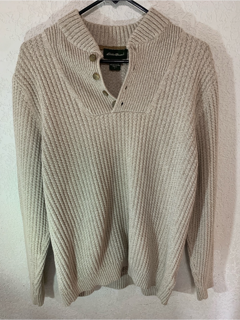 Eddie Bauer Men's Neutral Cream Ribbed Button-Neck Sweater